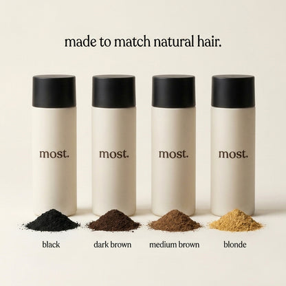most. hair fibers in four shades: black, dark brown, medium brown, blonde