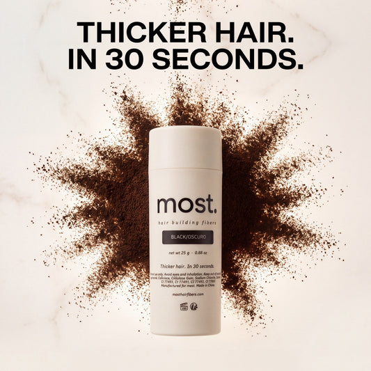 A bottle of most. hair fibers on marble inside a burst of dark brown fiber powder, headline Thicker hair. In 30 seconds.